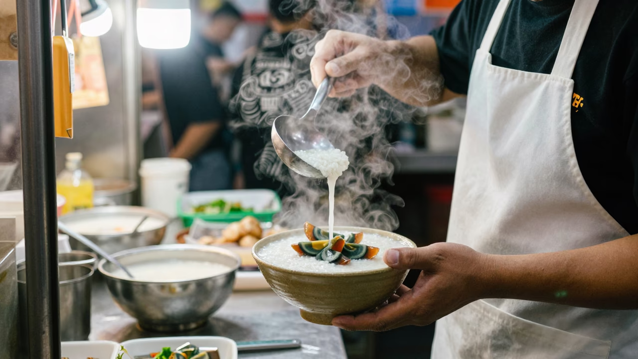 Serving Congee at Midnight Light in Hong Kong in in Hong Kong, Hong Kong