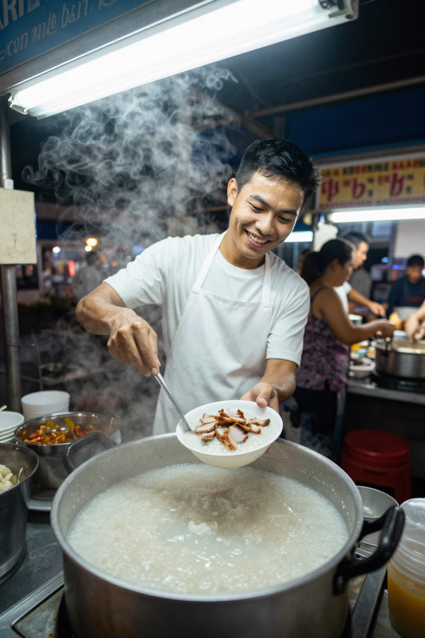 Serving Congee in Bangkok at Late At Night Light in in Bangkok, Thailand