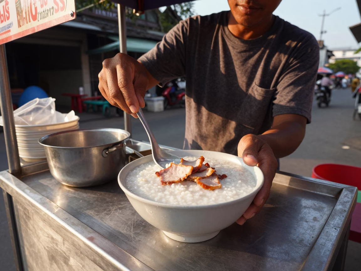 Serving Congee in Chiang Mai at The Late Afternoon Light in in Chiang Mai, Thailand