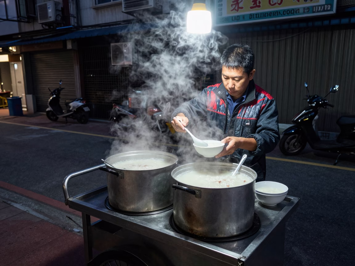 Serving Congee in Kaohsiung at The Predawn Darkness Light in in Kaohsiung, Taiwan