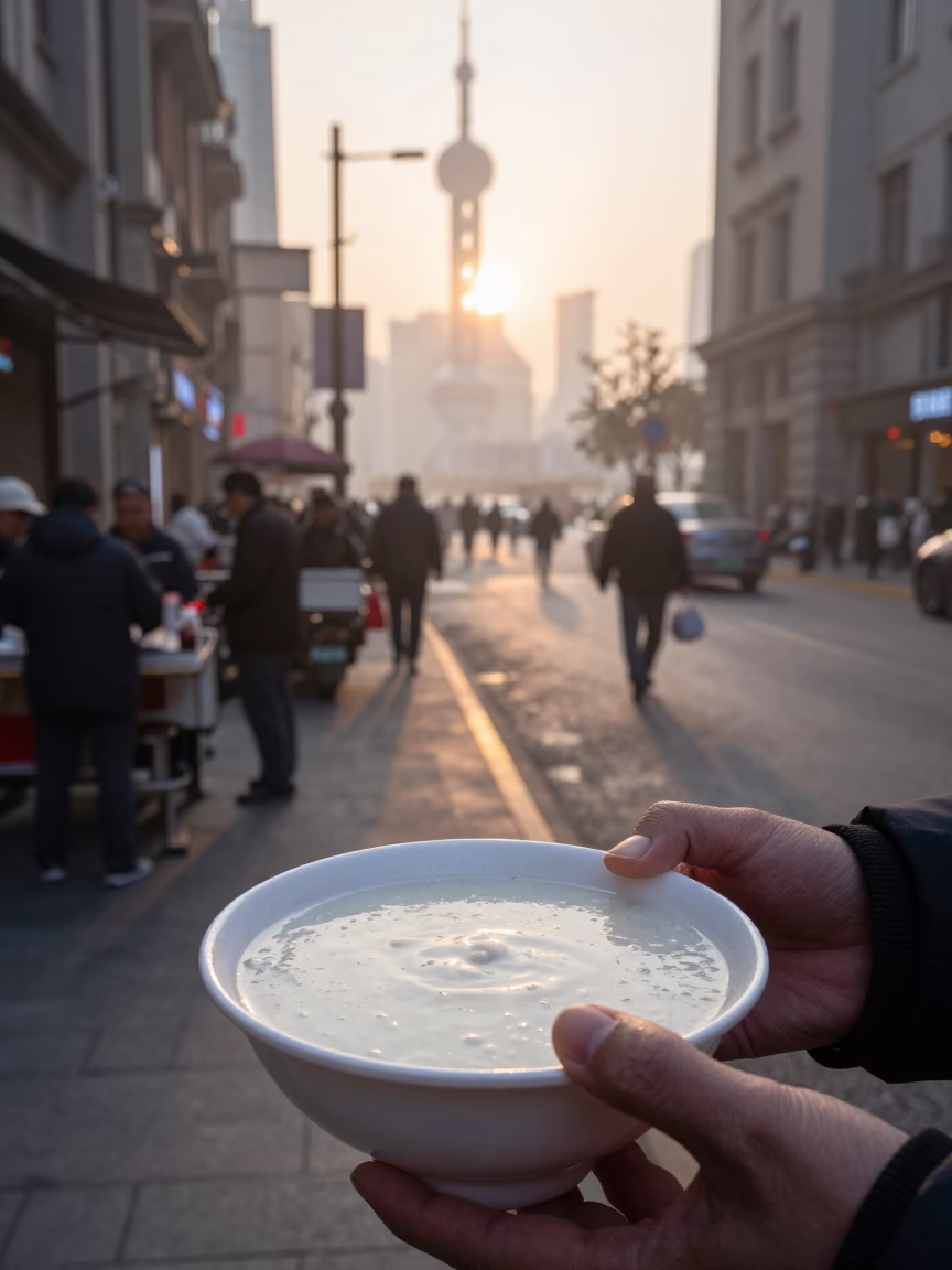 Serving Congee in Shanghai at First Light Of Dawn in in Shanghai, China