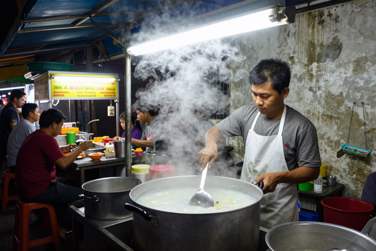 Serving Congee in Surabaya at Deep In The Night Light in in Surabaya, Indonesia