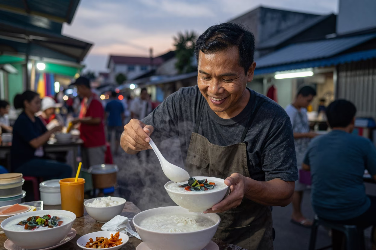 Serving Congee in Surabaya at The Still Hours Before Dawn Light in in Surabaya, Indonesia