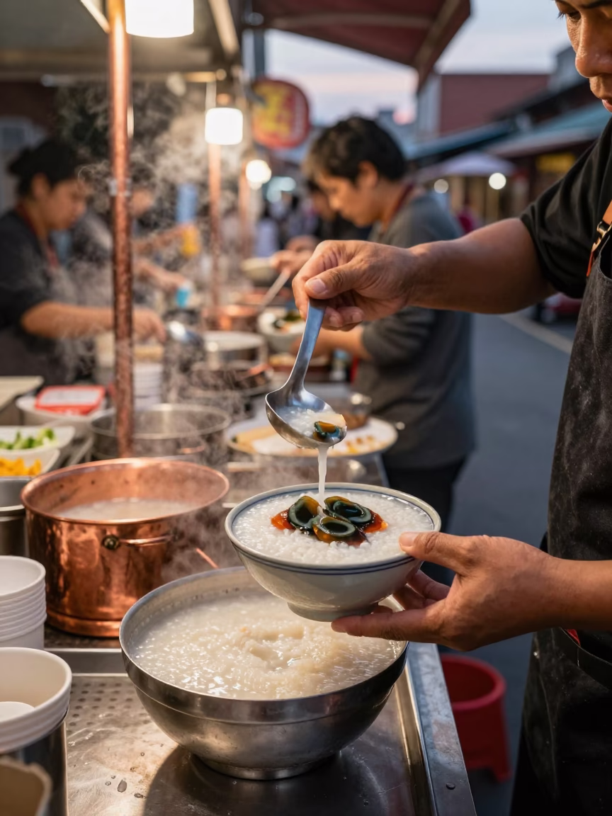 Serving Congee in Tainan at Copper-toned Light Before Dusk in in Tainan, Taiwan
