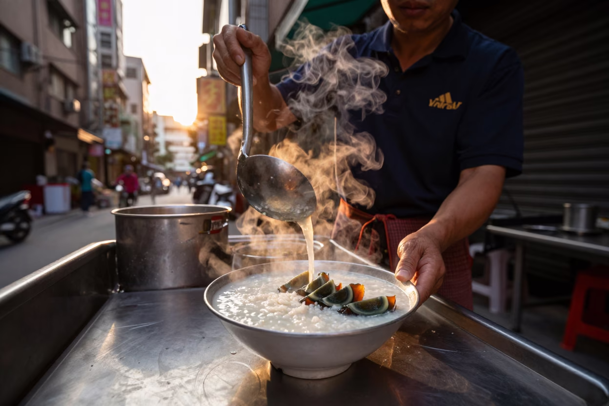 Serving Congee in Taipei at Golden Hour in in Taipei, Taiwan