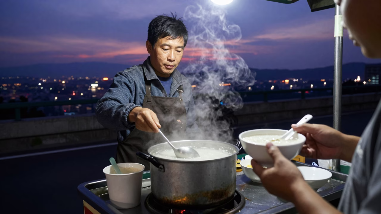 Serving Congee in Taipei at Indigo Twilight After Sunset in in Taipei, Taiwan