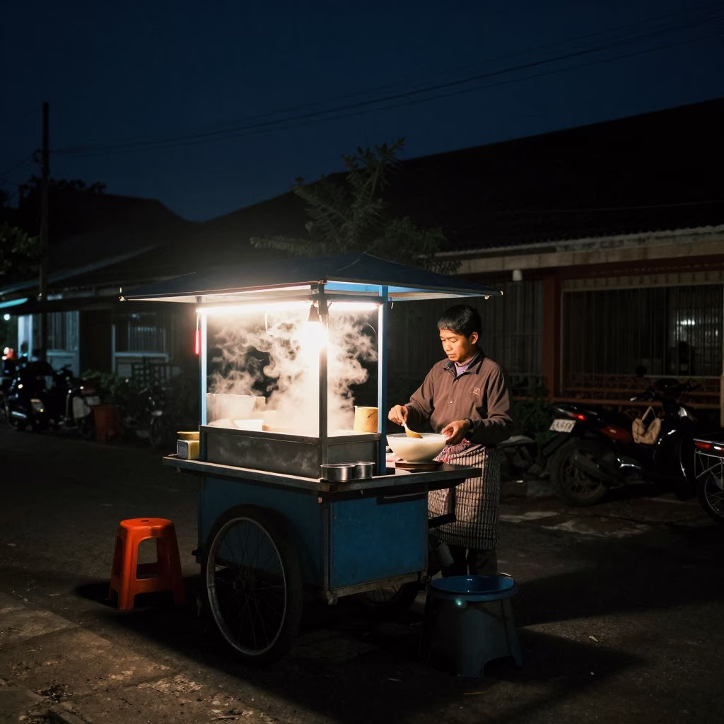 Serving Congee in Yogyakarta at The Deepest Night Sky Light in in Yogyakarta, Indonesia