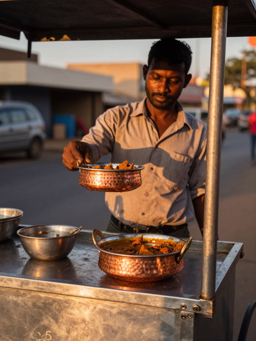 Serving Curry in Johannesburg at Copper-toned Light Before Dusk in in Johannesburg, South Africa