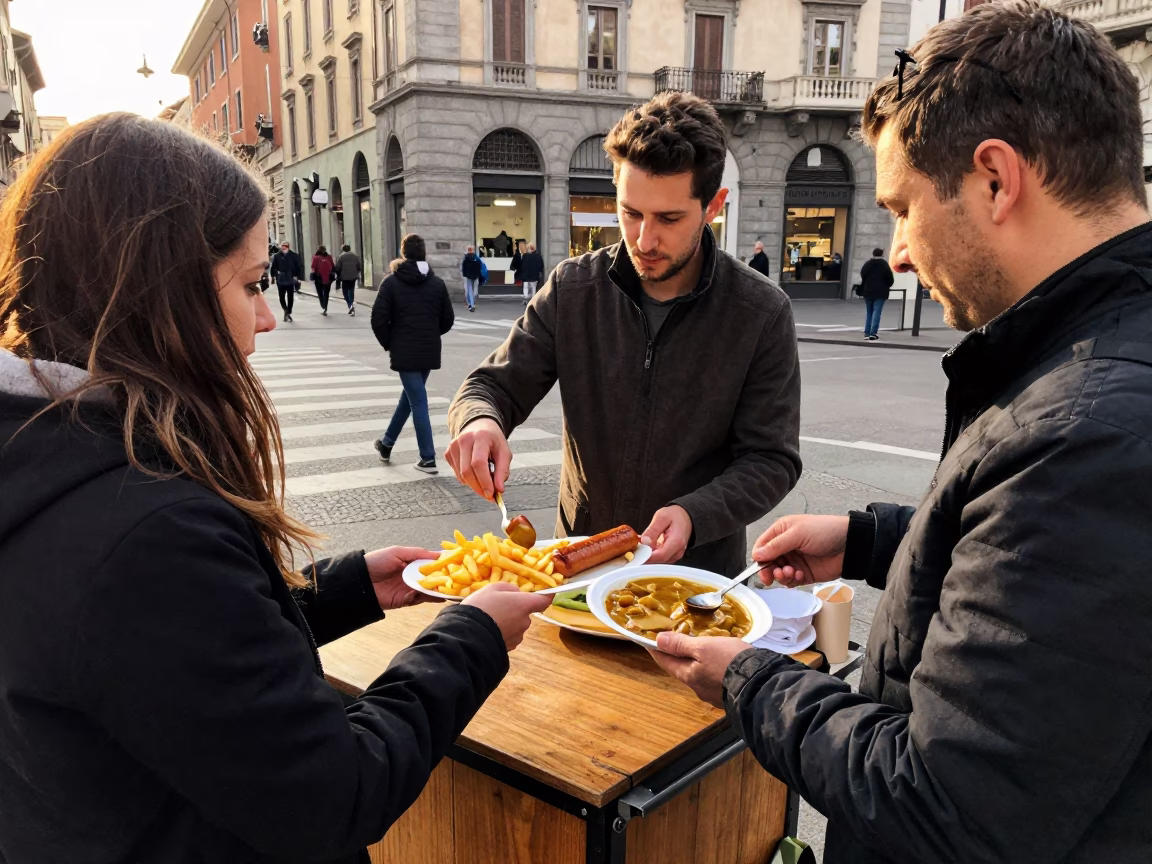 Serving Currywurst in Milan at Clear Late-afternoon Light in in Milan, Italy