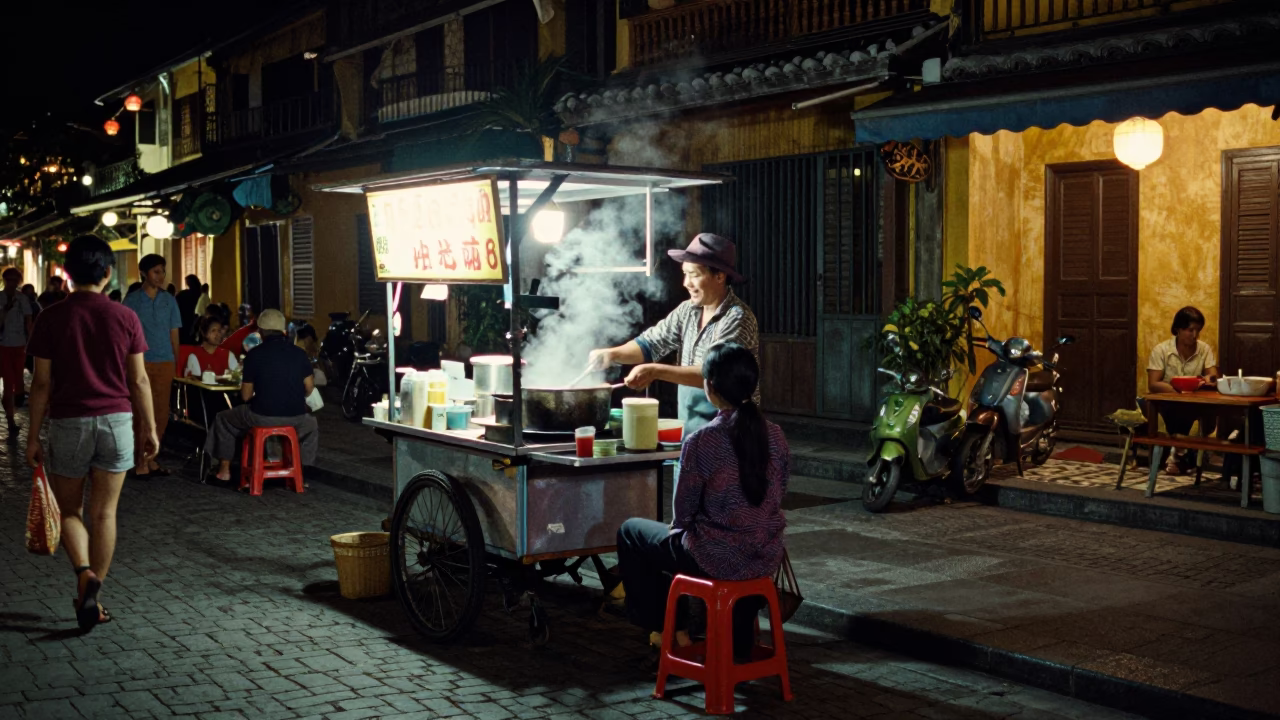 Serving Customers in Hoi An at Late At Night Light in in Hoi An, Vietnam