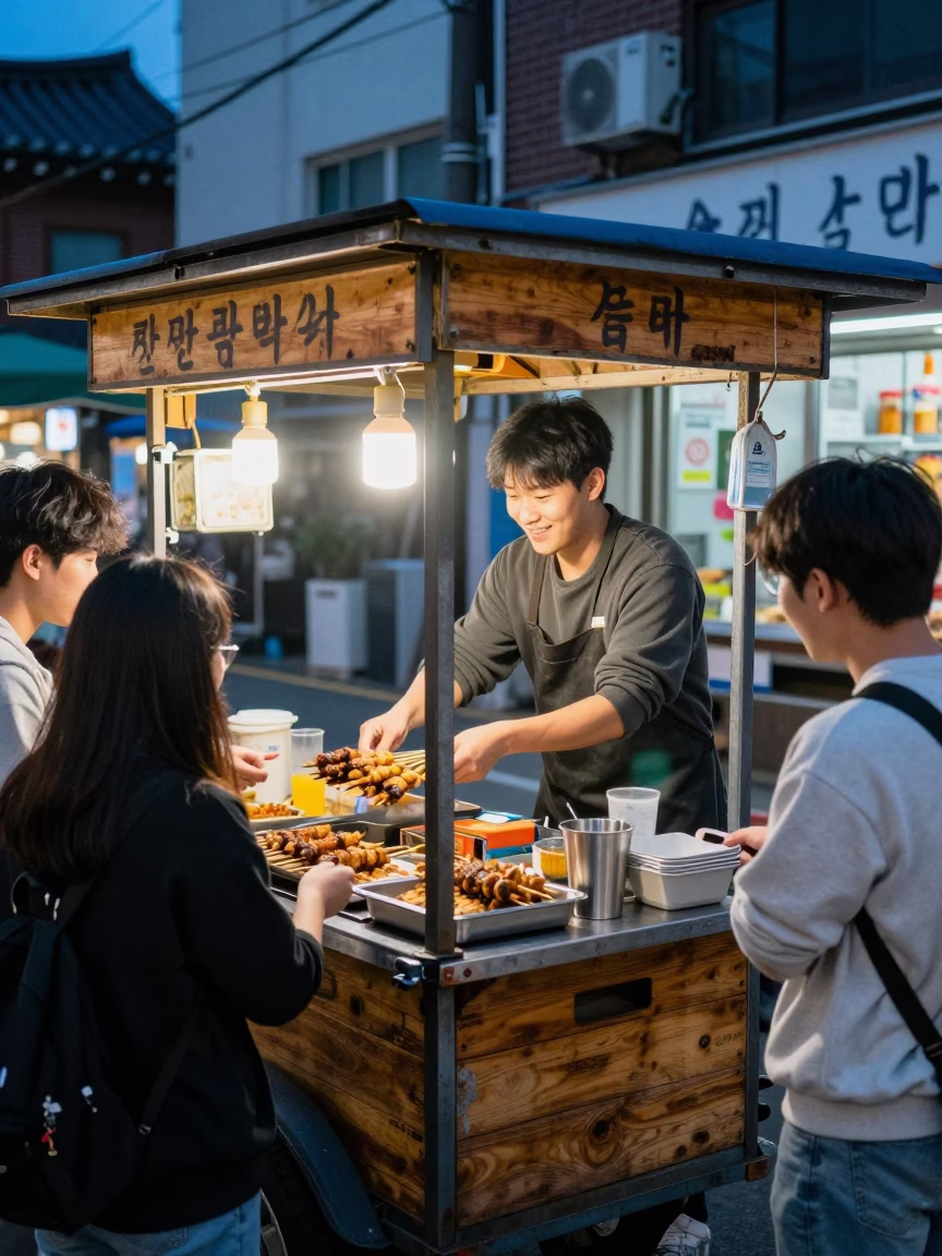 Serving Customers in Seoul at Blue Hour in in Seoul, South Korea