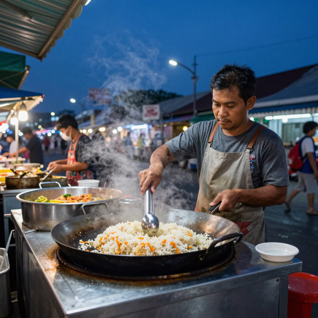 Serving Dinner in Phuket at As City Lights Begin To Glow in in Phuket, Thailand