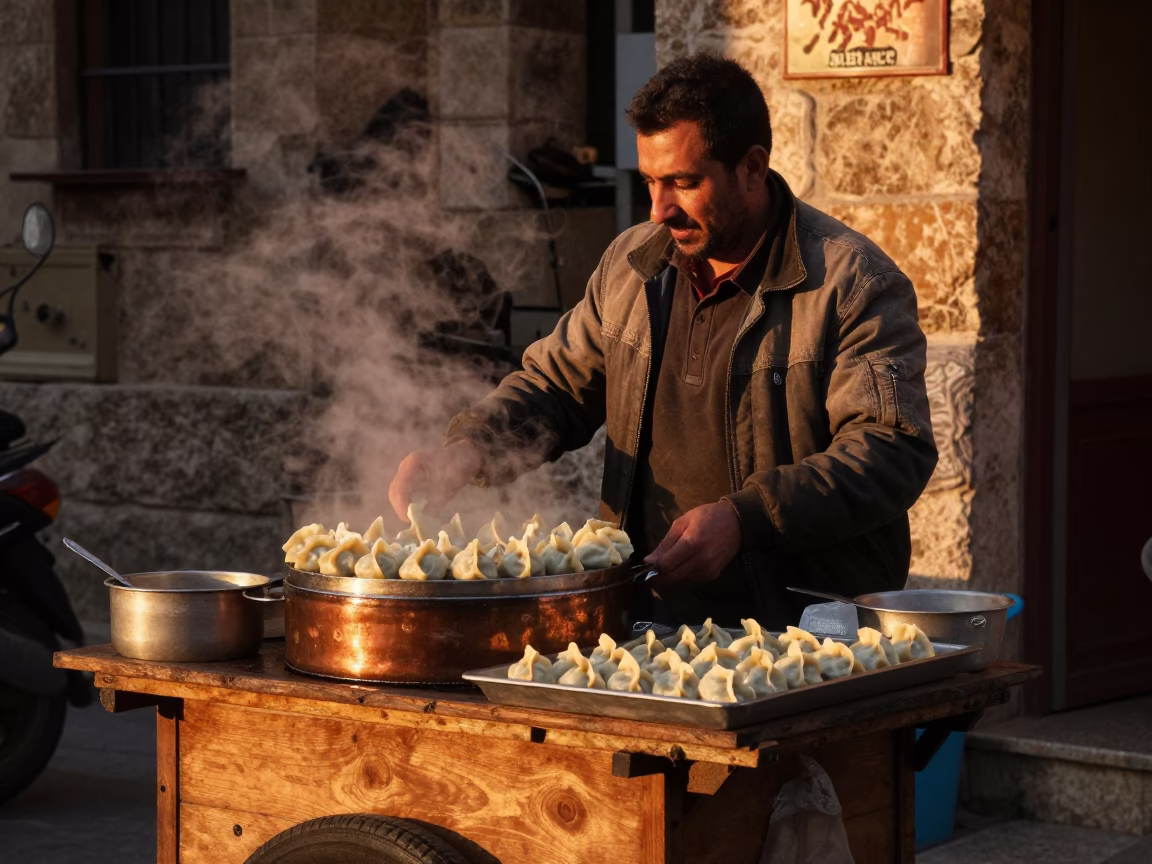 Serving Dumplings in Beirut at Copper-toned Light Before Dusk in in Beirut, Lebanon