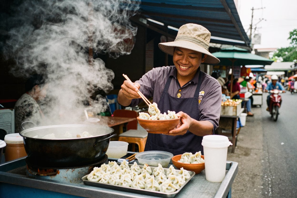 Serving Dumplings in Chiang Mai at Deep In The Night Light in in Chiang Mai, Thailand