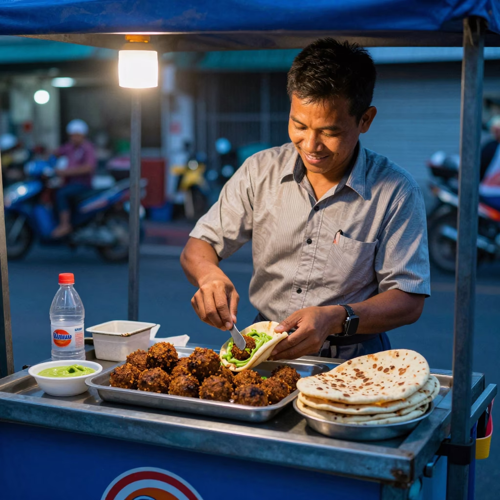 Serving Falafel in Bangkok at The Last Blue Light Of Evening in in Bangkok, Thailand