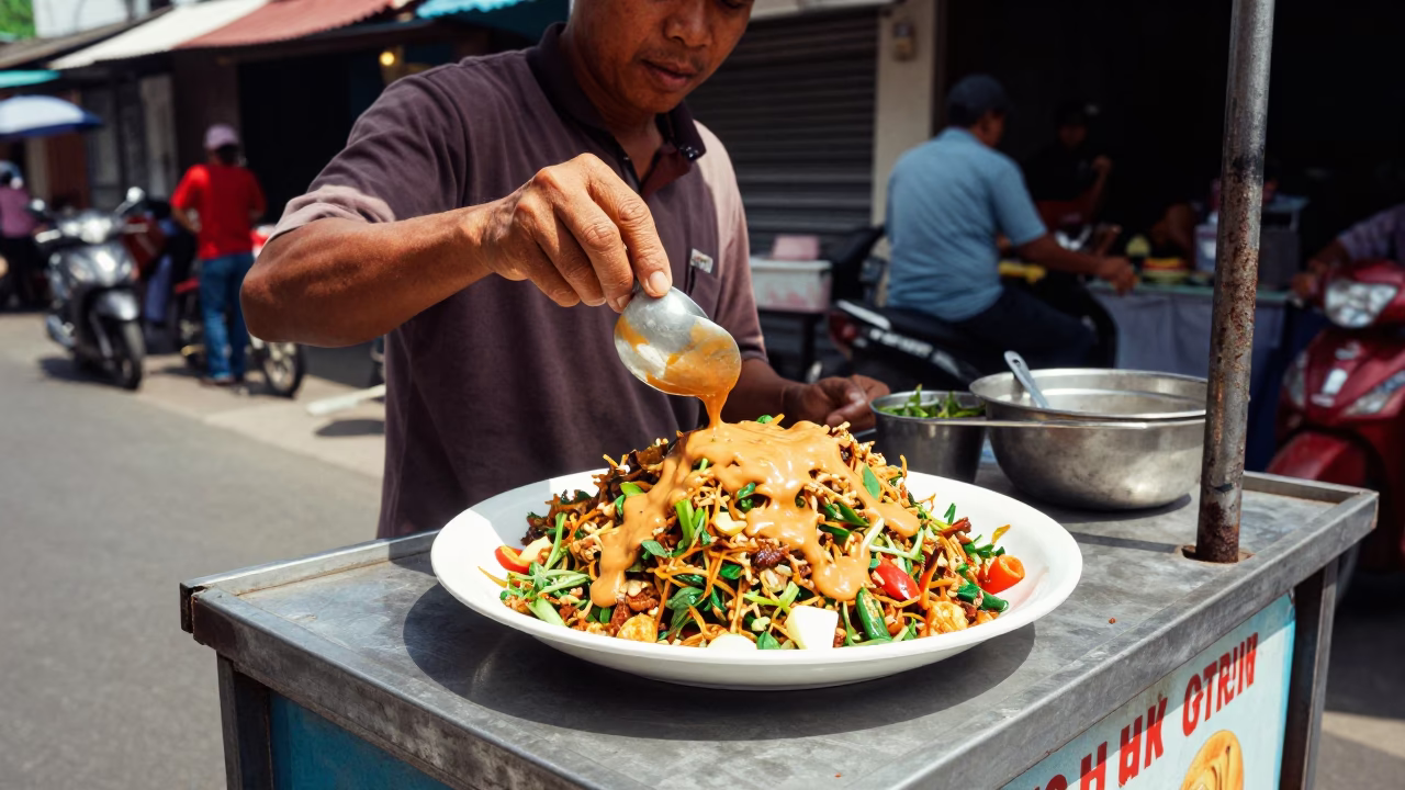 Serving Gado-gado in Yogyakarta at The Flat Glare Of Noon Light in in Yogyakarta, Indonesia