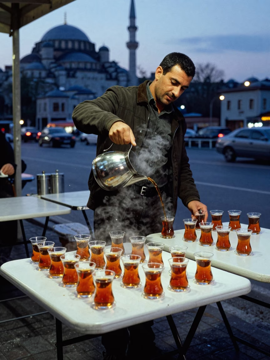 Serving Glasses in Istanbul at Twilight in in Istanbul, Turkey