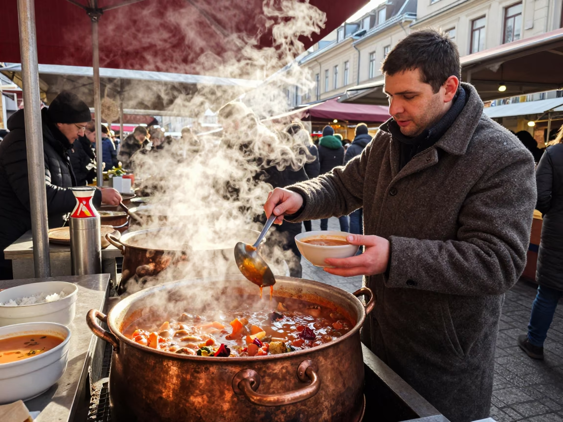 Serving Goulash in Budapest in in Budapest, Hungary