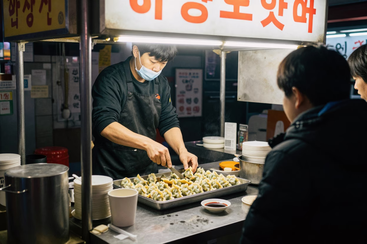 Serving Gyoza in Seoul at Deep In The Night Light in in Seoul, South Korea