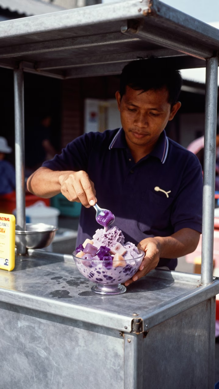 Serving Halo-Halo in Yogyakarta at The Flat Glare Of Noon Light in in Yogyakarta, Indonesia