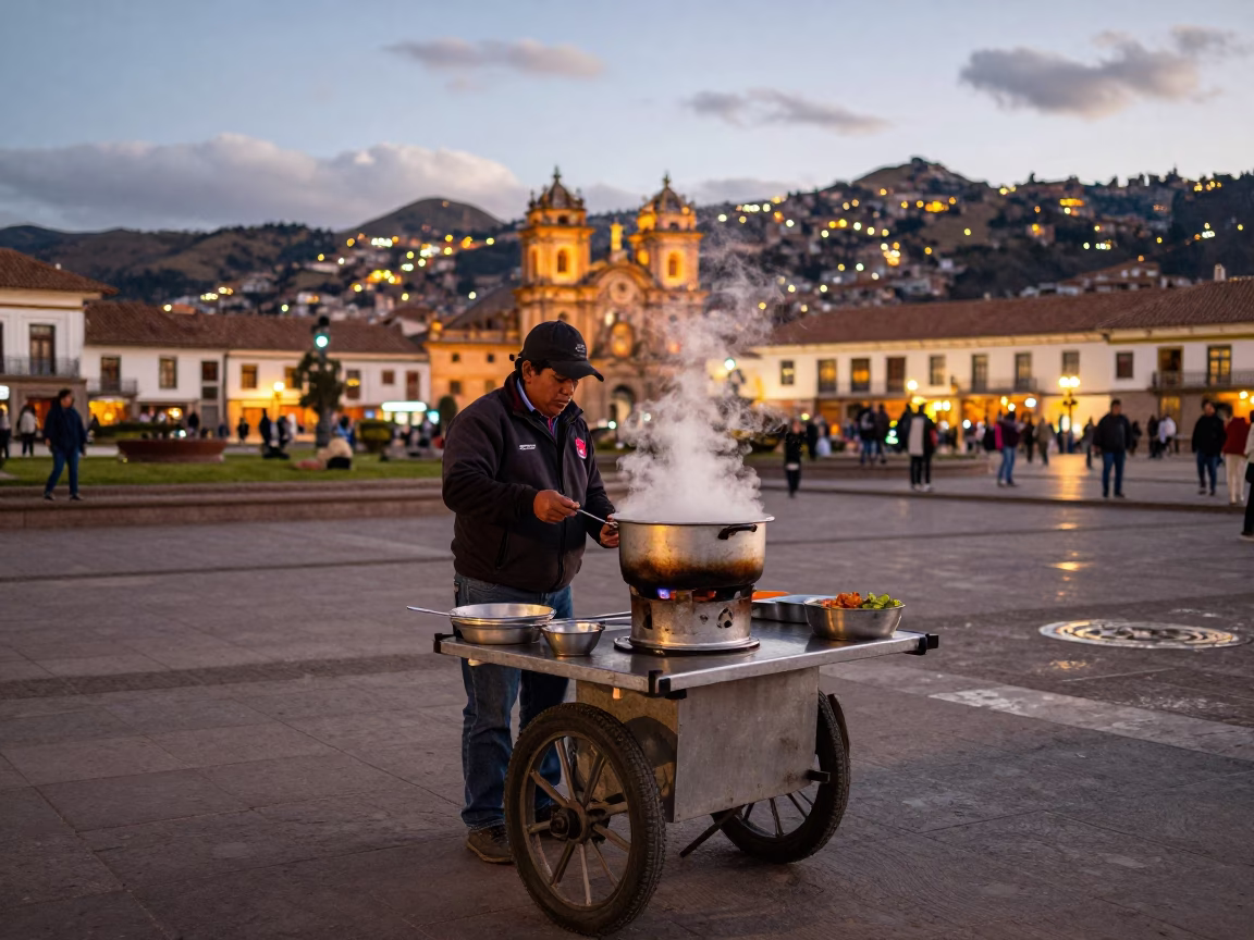 Serving Hotpot in Cusco at As City Lights Begin To Glow in in Cusco, Peru