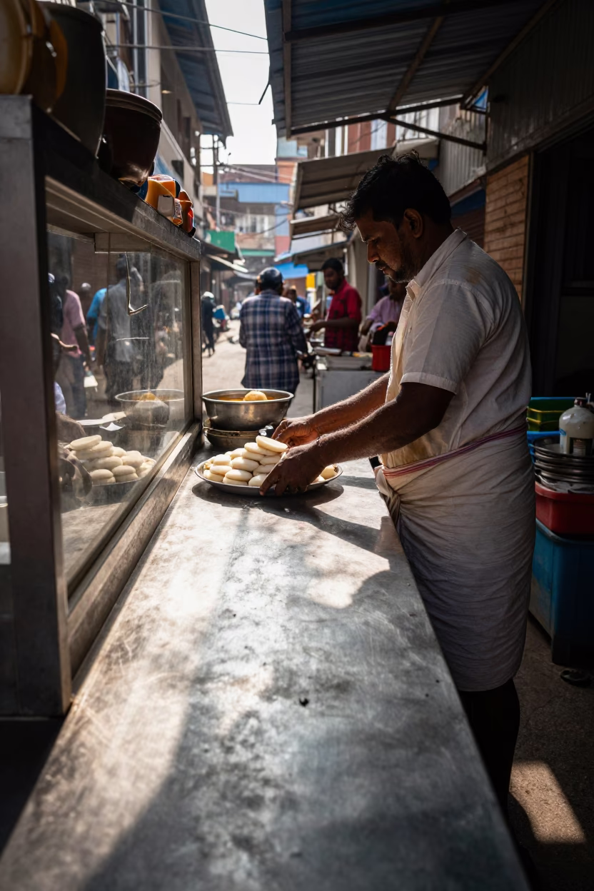 Serving Idli in Chennai in in Chennai, India