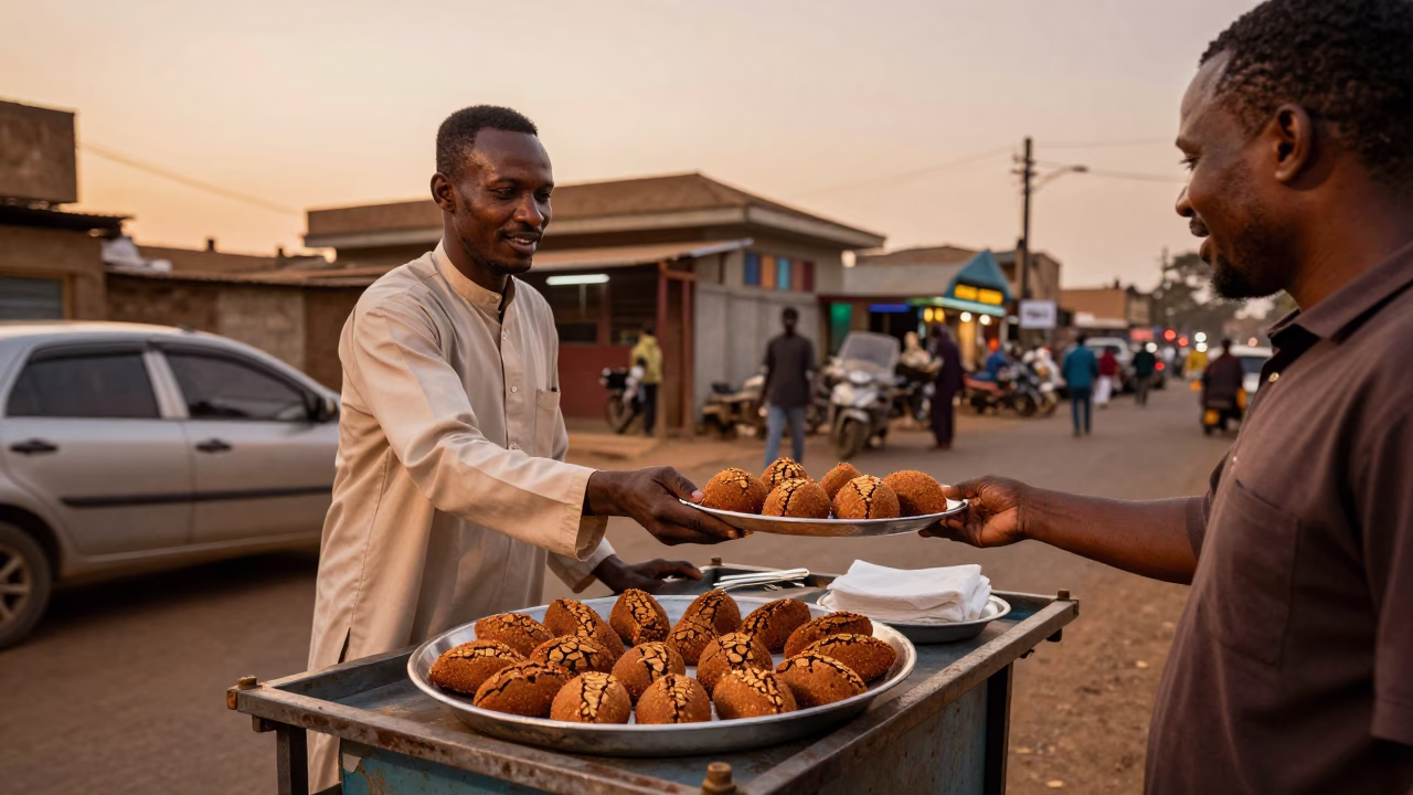 Serving Kibbeh in Nairobi at Copper-toned Light Before Dusk in in Nairobi, Kenya