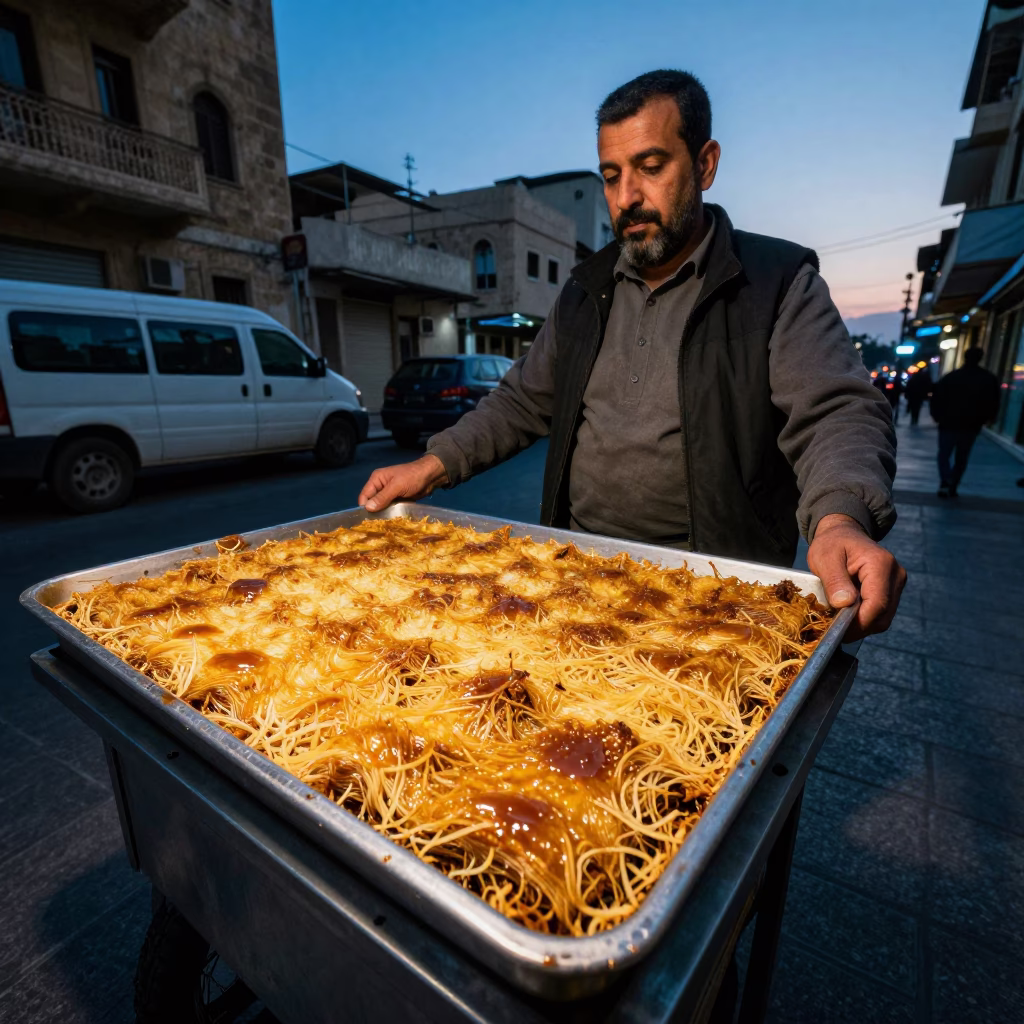 Serving Knafeh in Beirut at Blue Hour in in Beirut, Lebanon