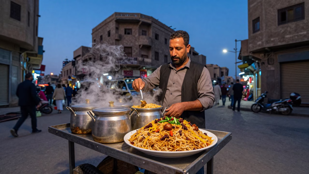 Serving Koshari in Cairo at Blue Hour in in Cairo, Egypt