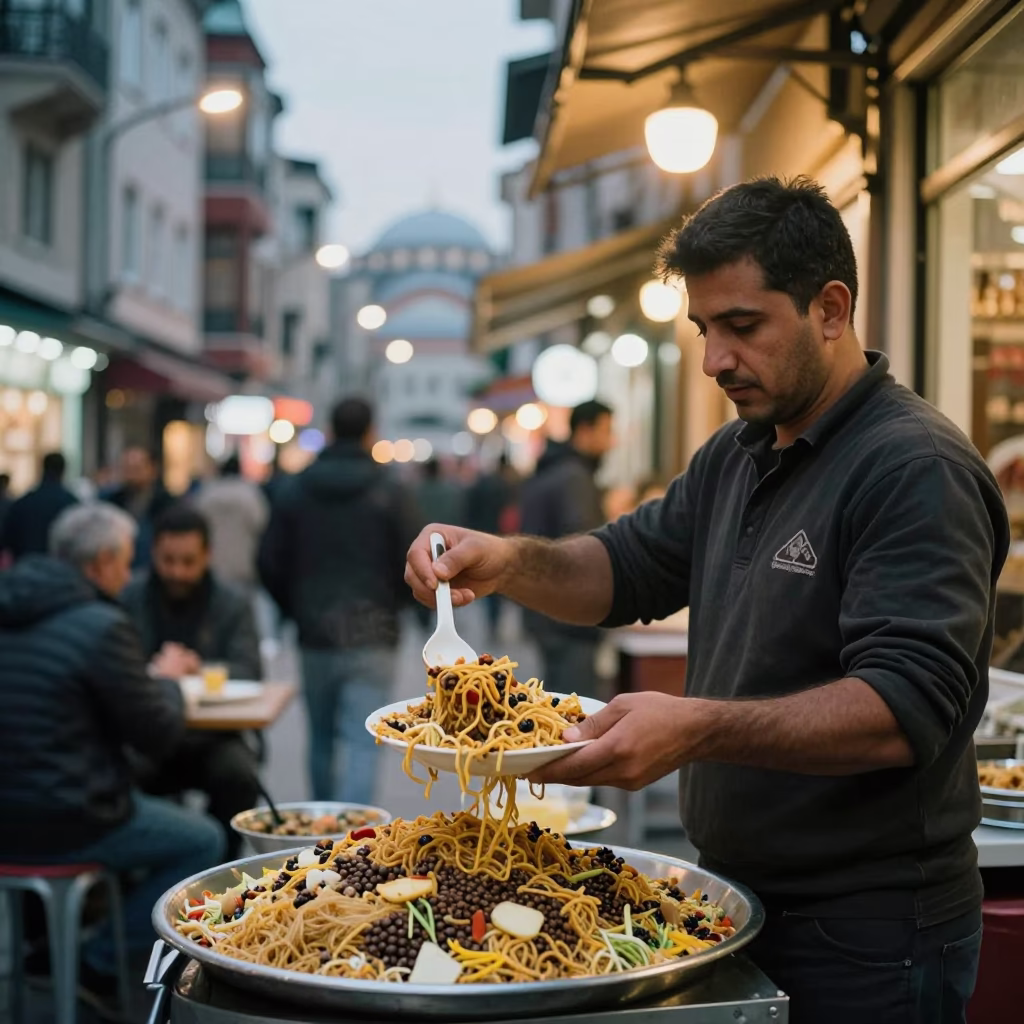 Serving Koshari in Istanbul at As City Lights Begin To Glow in in Istanbul, Turkey