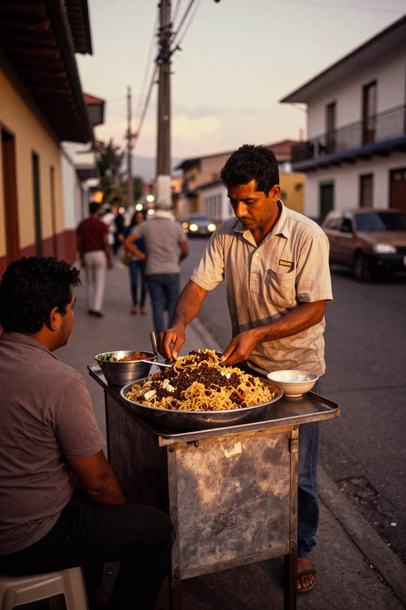 Serving Koshari in Medellin at Copper-toned Light Before Dusk in in Medellin, Colombia