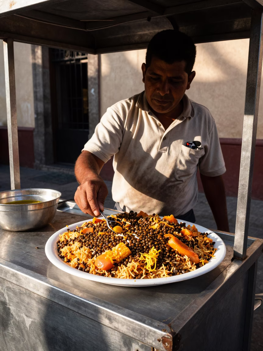 Serving Koshari in Mexico City at The Early Afternoon Light in in Mexico City, Mexico