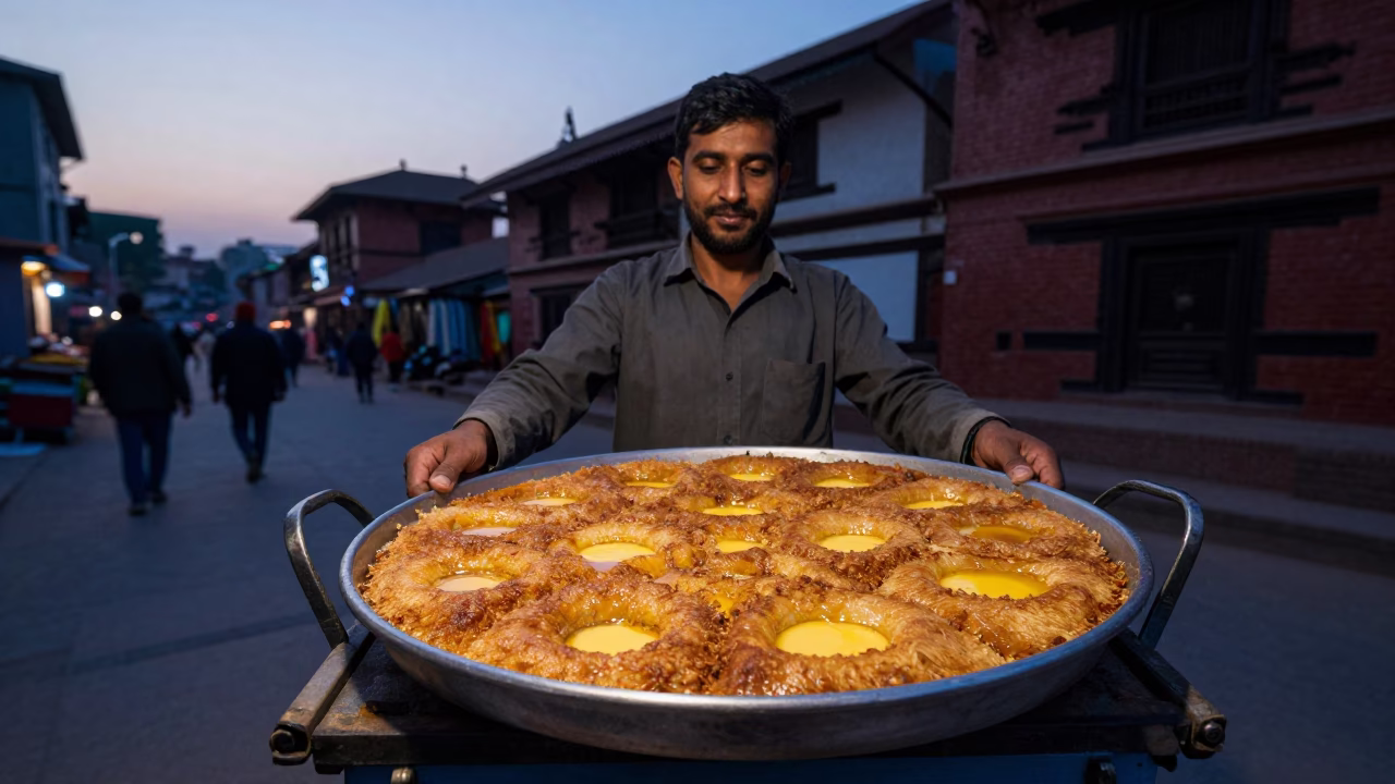 Serving Kunafa in Kathmandu at Blue Hour in in Kathmandu, Nepal