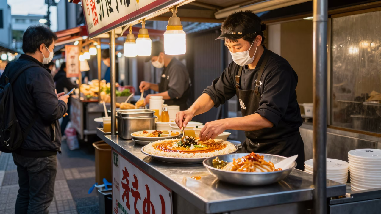 Serving Manakeesh in Fukuoka at Honeyed Evening Light in in Fukuoka, Japan
