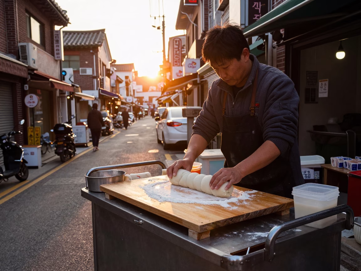 Serving Mochi in Seoul at Sunset Light in in Seoul, South Korea