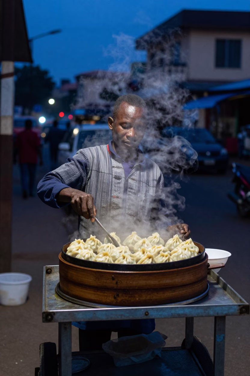 Serving Momos in Nairobi at The Last Blue Light Of Evening in in Nairobi, Kenya