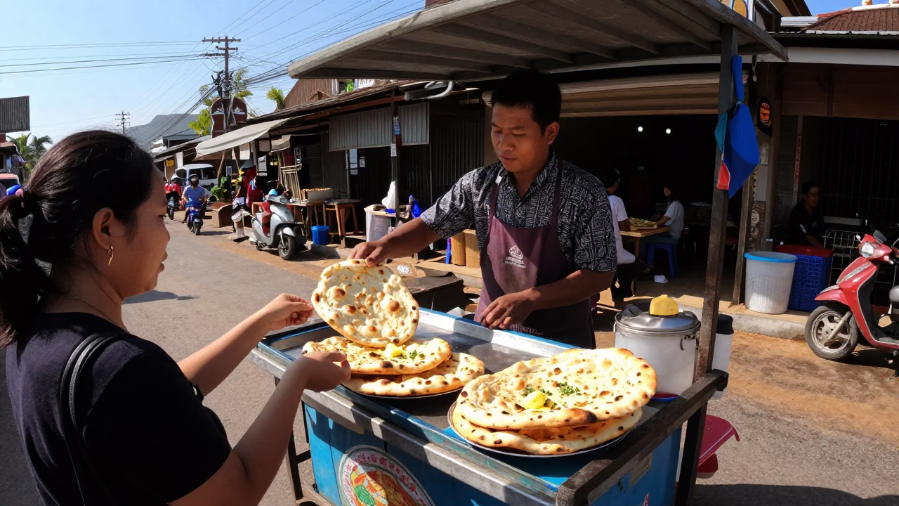Serving Naan in Chiang Mai at The Flat Glare Of Noon Light in in Chiang Mai, Thailand