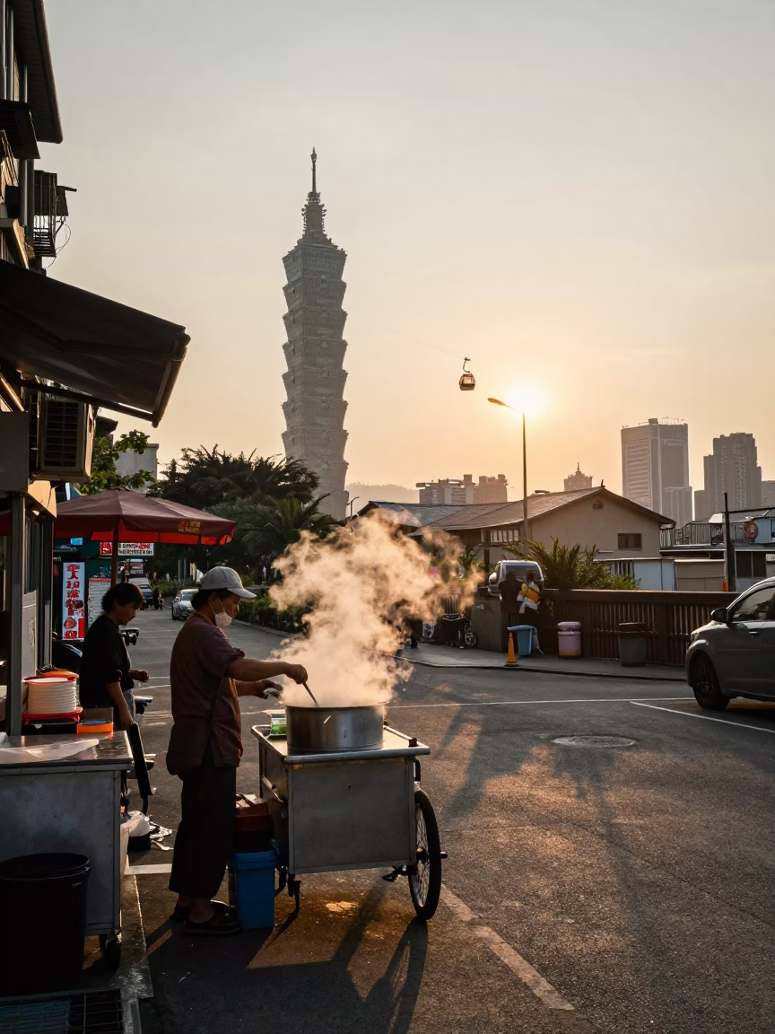 Serving Noodles at As The Sun Drops Toward The Horizon in Taipei in in Taipei, Taiwan