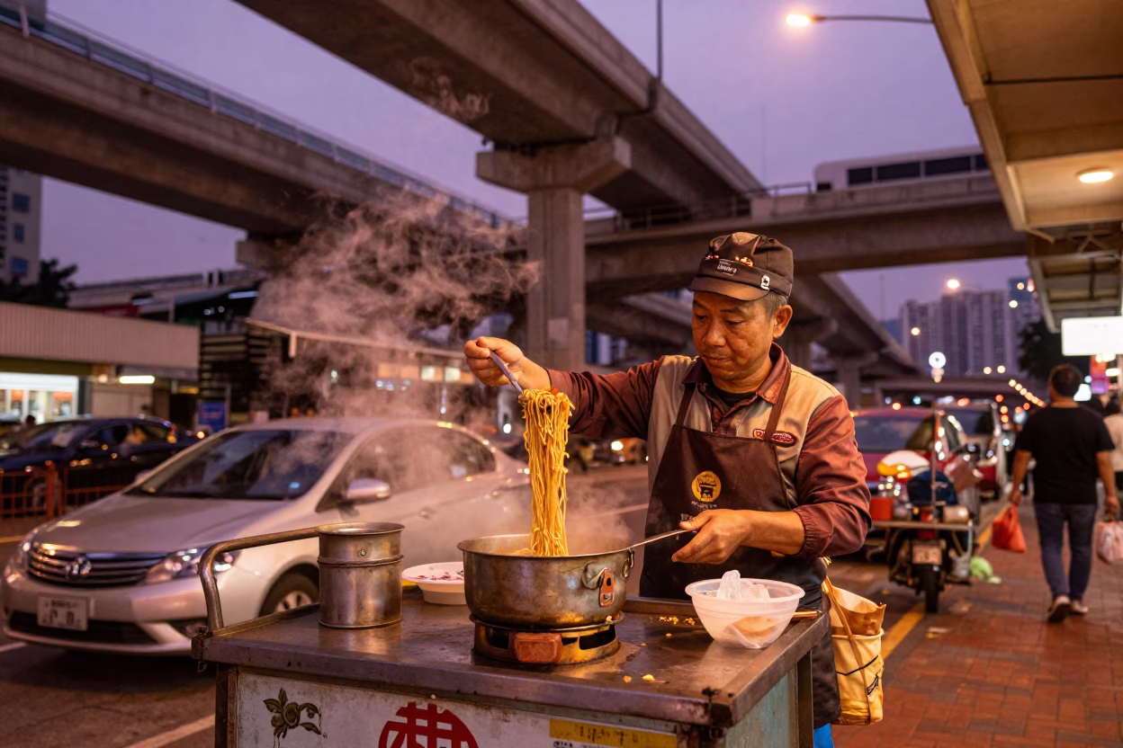 Serving Noodles in Hong Kong at Copper-toned Light Before Dusk in in Hong Kong, Hong Kong