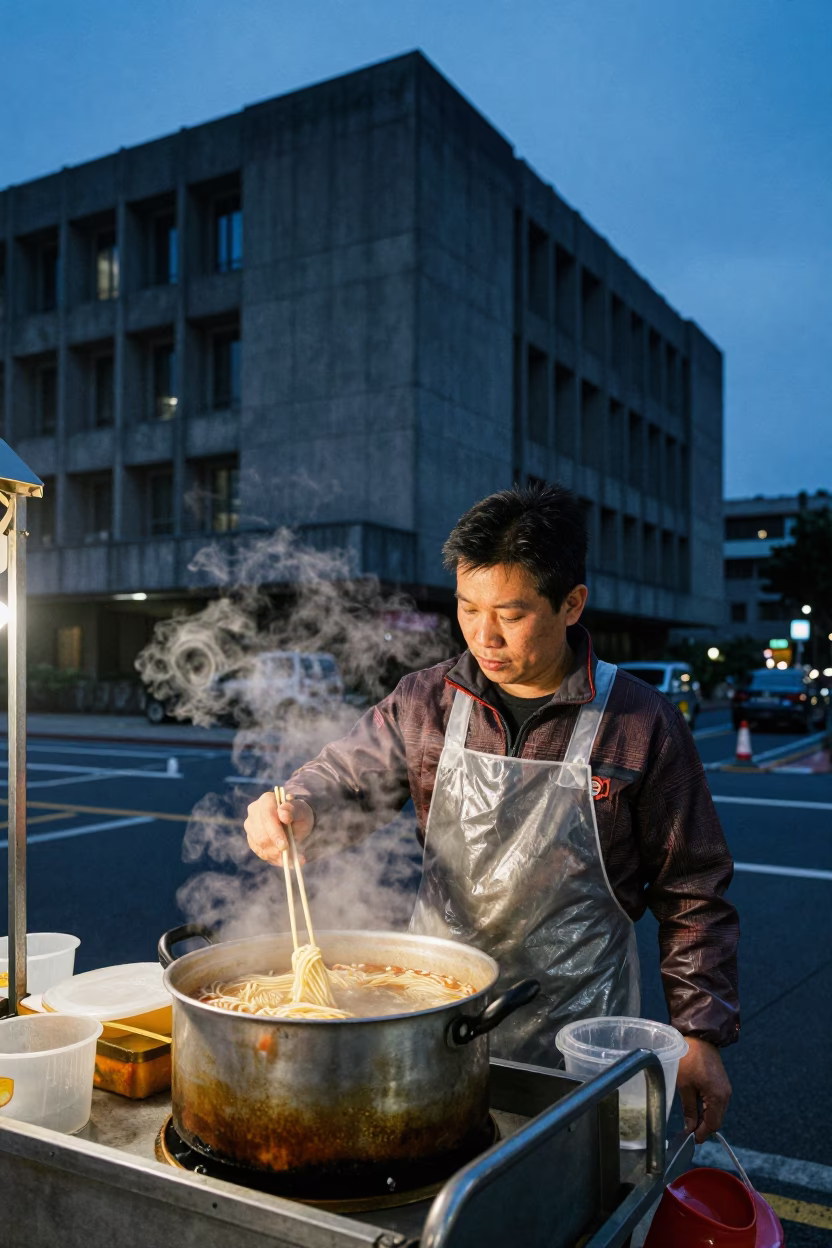 Serving Noodles in Taipei at Twilight in in Taipei, Taiwan