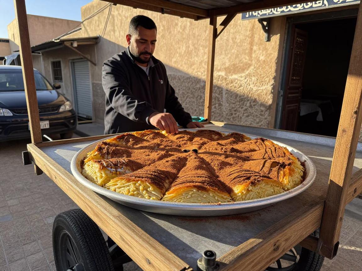 Serving Pastilla in Fez at The Early Afternoon Light in in Fez, Morocco