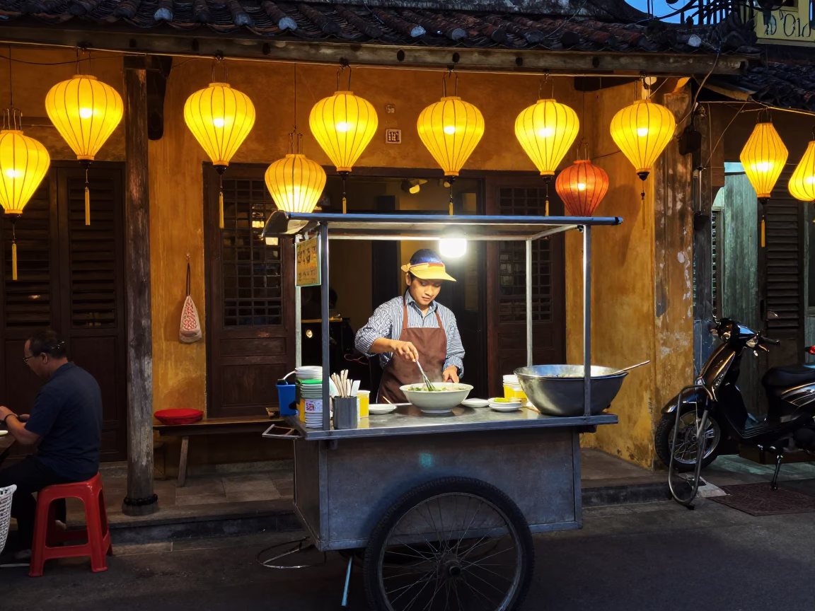Serving Pho in Hoi An at As City Lights Begin To Glow in in Hoi An, Vietnam