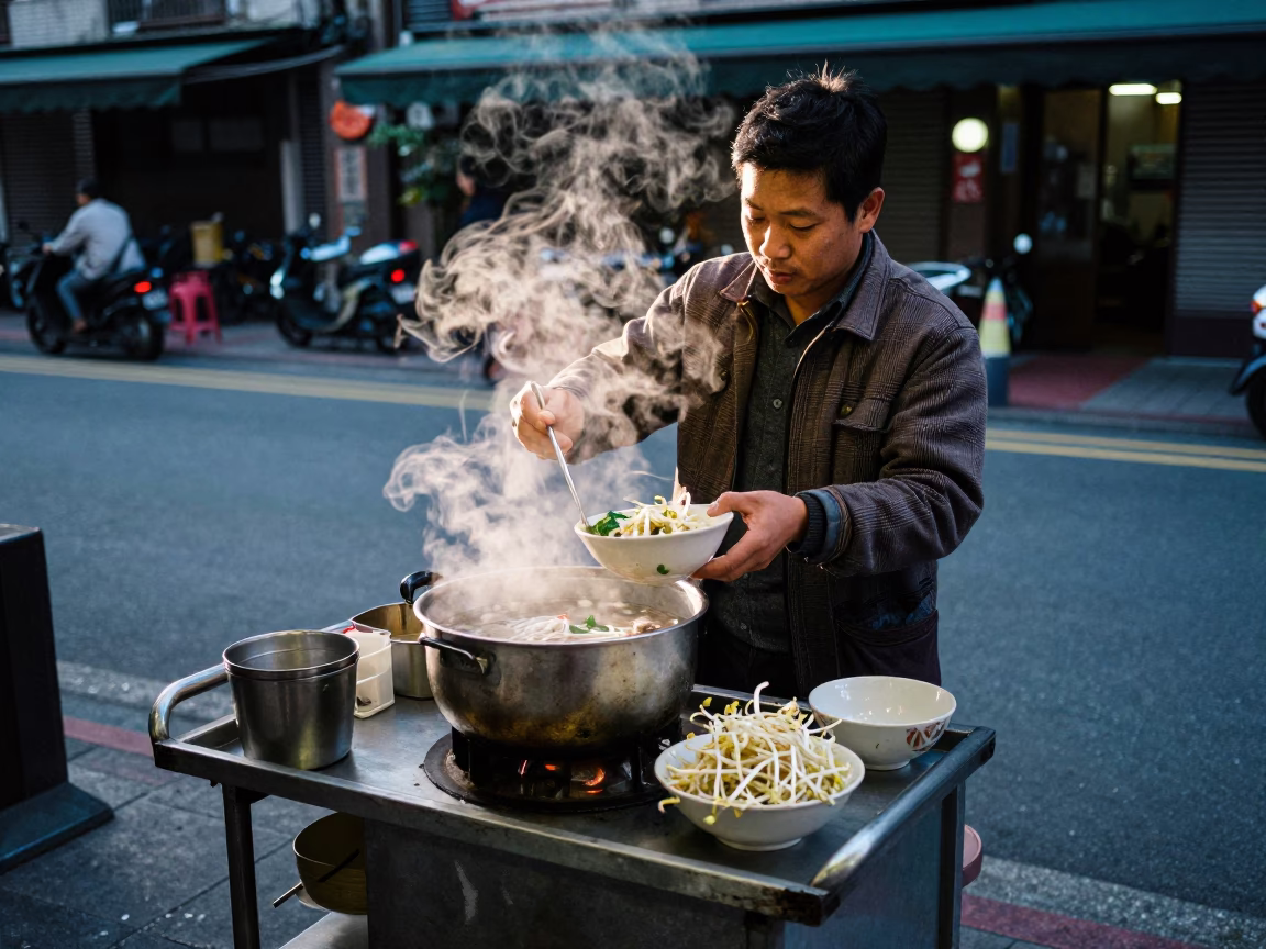 Serving Pho in Taipei at Sunrise Light in in Taipei, Taiwan