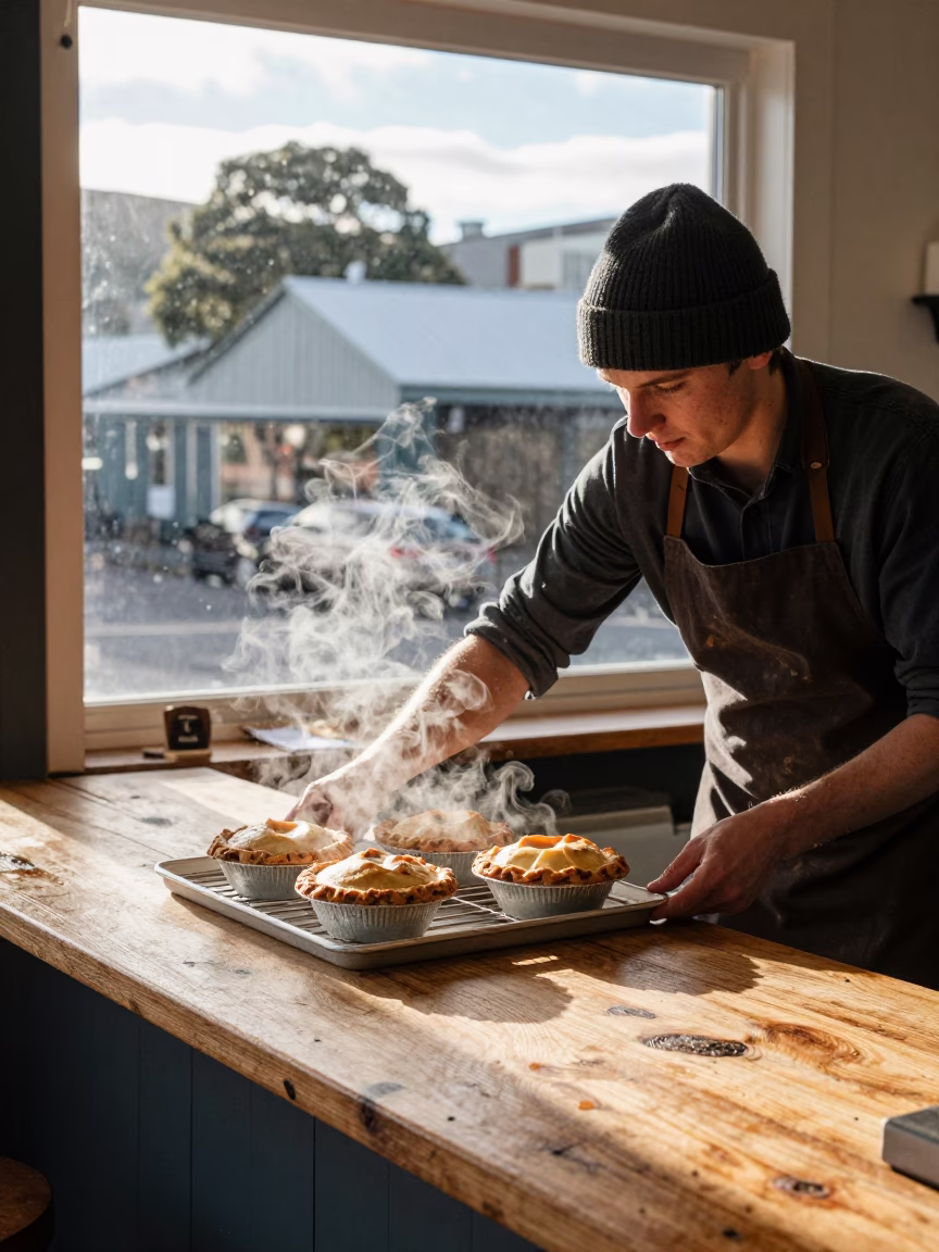 Serving Pies in Hobart in in Hobart, Tasmania, Australia
