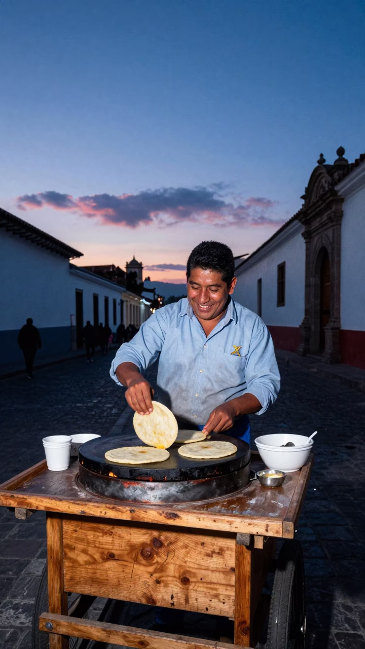 Serving Pupusas in Quito at Indigo Twilight After Sunset in in Quito, Ecuador