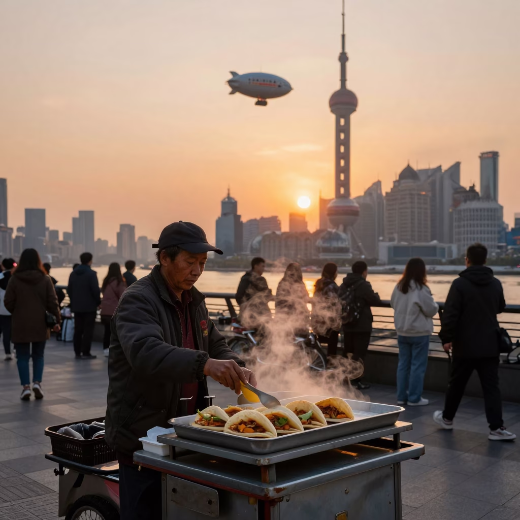 Serving Pupusas in Shanghai at Sunset Light in in Shanghai, China