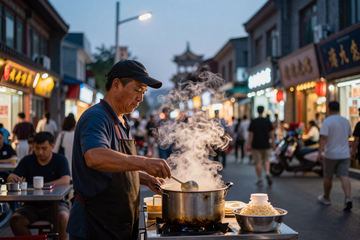 Serving Ramen at As City Lights Begin To Glow in Beijing in in Beijing, China
