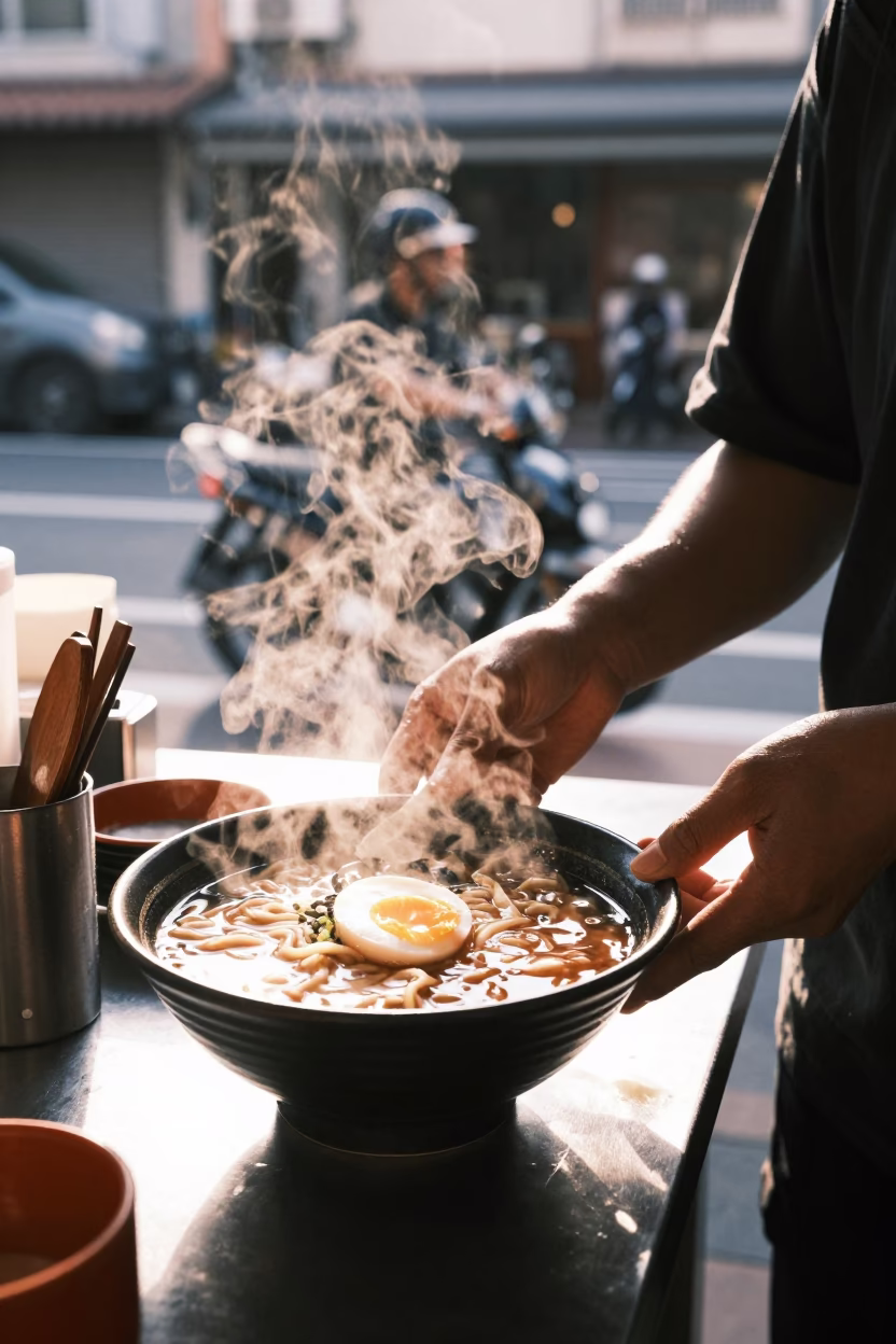 Serving Ramen in Tainan at The Early Afternoon Light in in Tainan, Taiwan