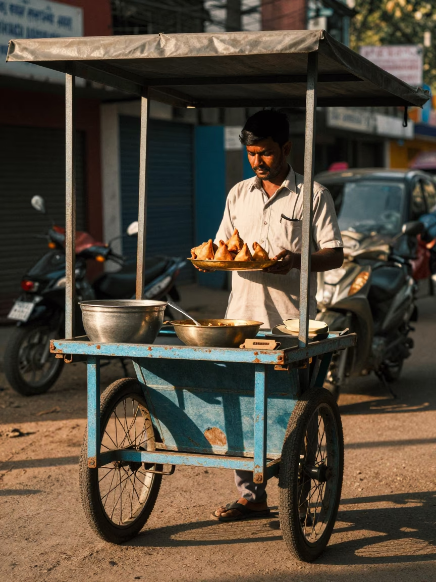 Serving Samosas at The Late Afternoon Light in Chennai in in Chennai, India