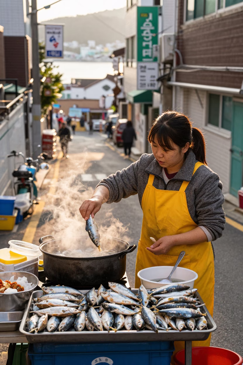 Serving Sardines in Busan in in Busan, South Korea